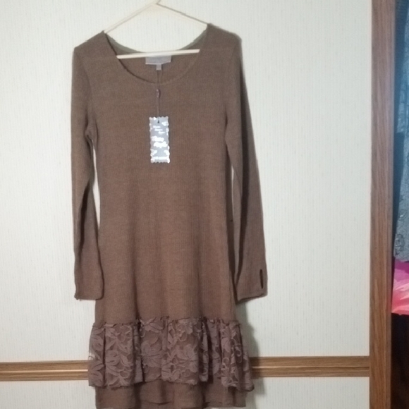 Pretty Angel Dresses & Skirts - Pretty Angel Brown Long Sleeve Knit Dress with Lace Ruffle Hem Linen